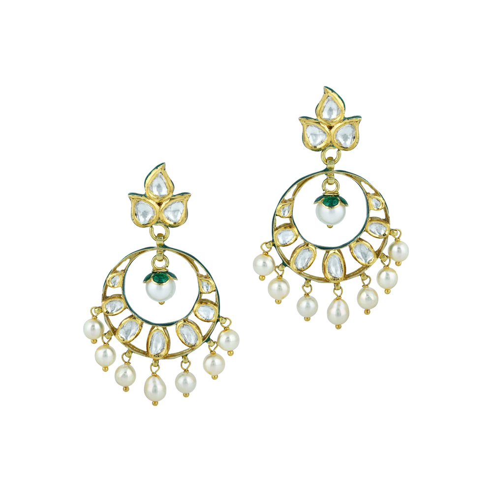 Polki Chandbali Earrings with Petal Studs and Pearl Drops